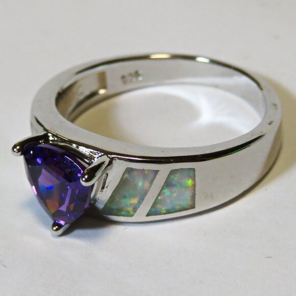 Silver Ring Size 10 White Lab Fire Opal Inlay 6mm * 6mm Amethyst New Old Stock - Picture 7 of 10